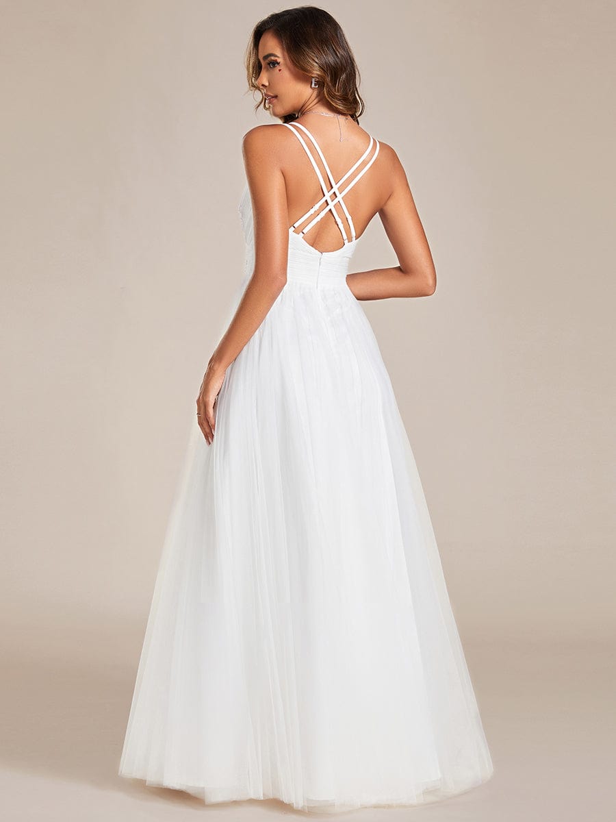 Weitese Sleeveless Waist Applique Cross-Back Straps Tulle Bridesmaid Dress