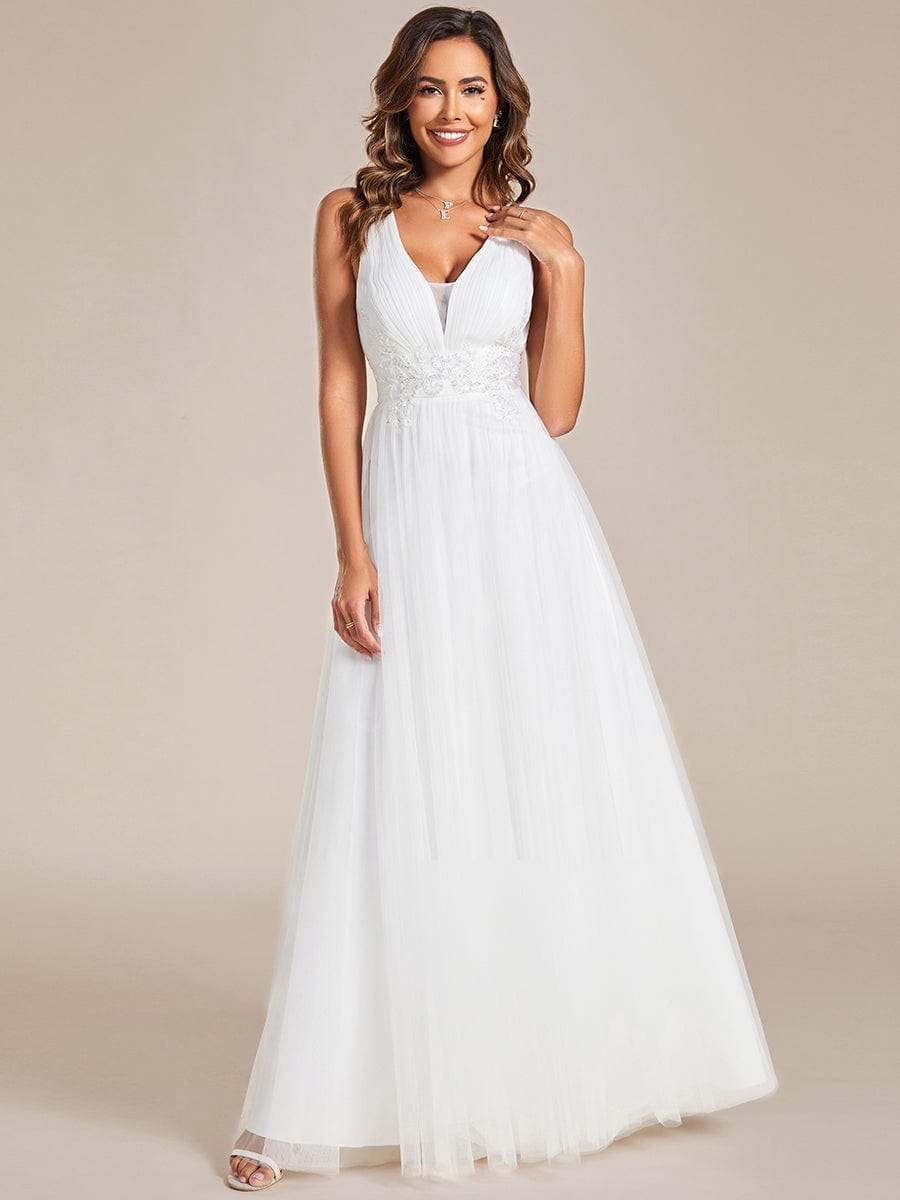 Weitese Sleeveless Waist Applique Cross-Back Straps Tulle Bridesmaid Dress