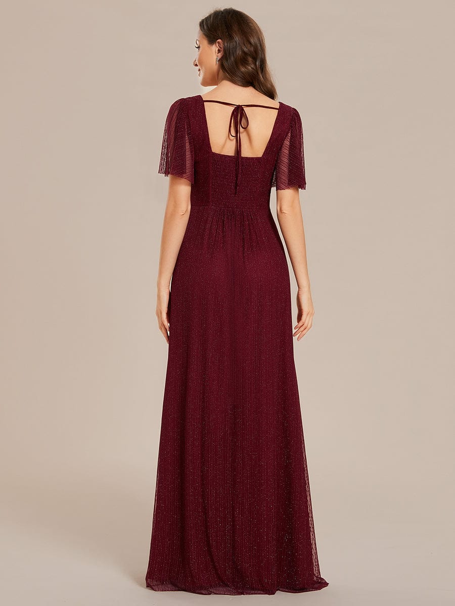 Weitese Glittery A-Line High Slit Waist Short Sleeves Back Lace-Up Bridesmaid Dress