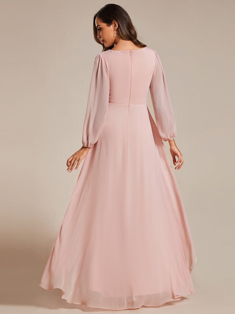 Weitese A-Line Pleated See-Through Long Lantern Midi Chiffon Bridesmaid Dress