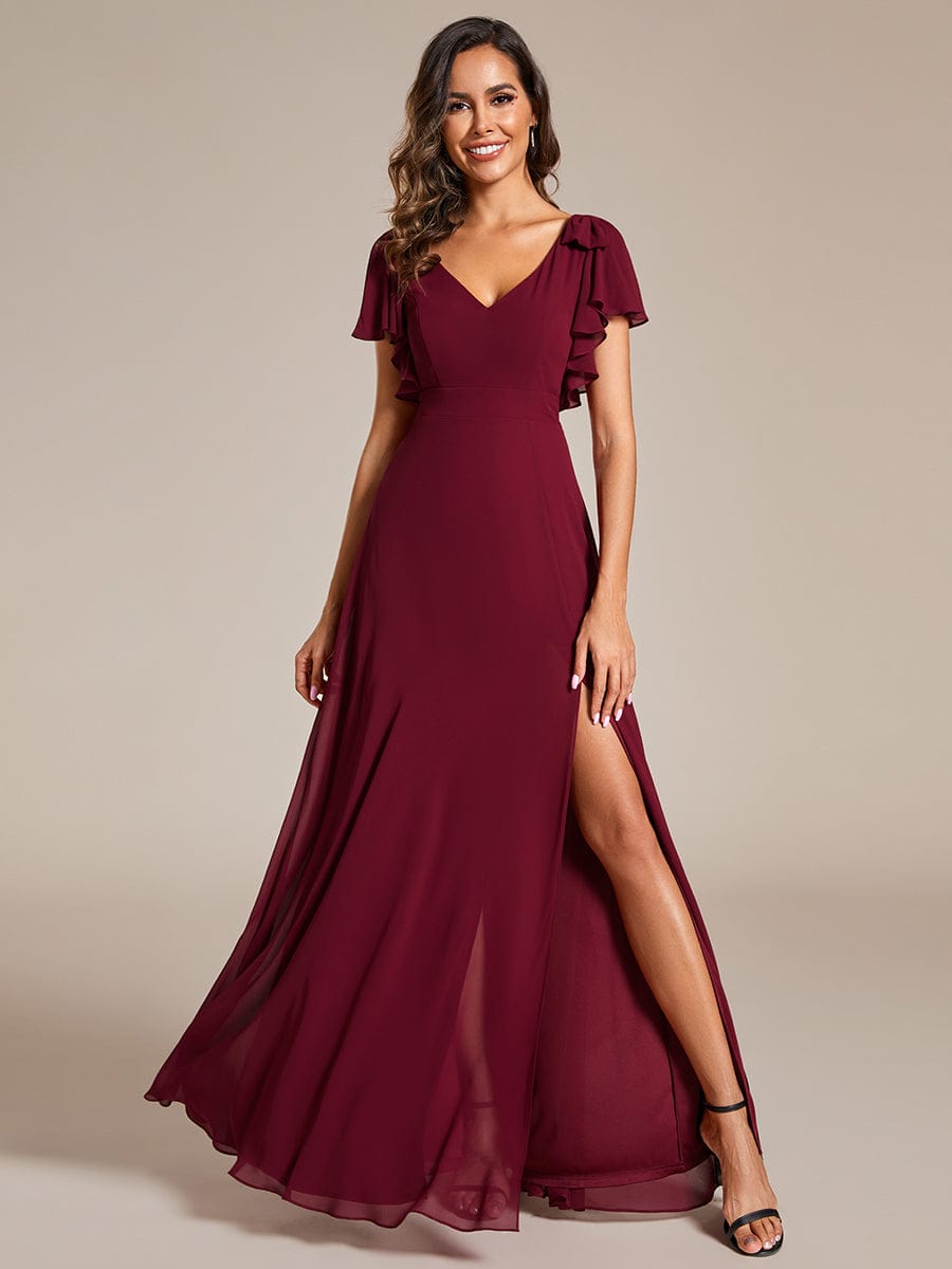 Weitese Short Sleeves with Bowknot High Front Slit A-Line Chiffon Bridesmaid Dress