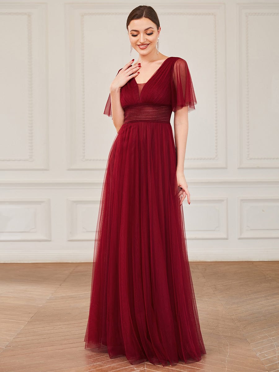 Weitese Pleated A-Line Short Sleeve Wide Waist Tulle Bridesmaid Dress