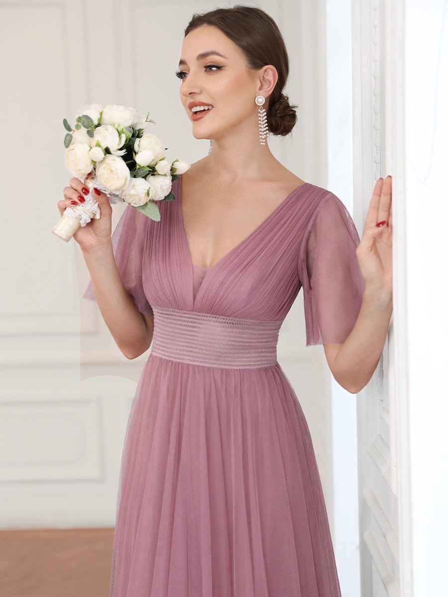 Weitese Pleated A-Line Short Sleeve Wide Waist Tulle Bridesmaid Dress
