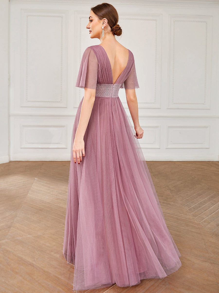 Weitese Pleated A-Line Short Sleeve Wide Waist Tulle Bridesmaid Dress