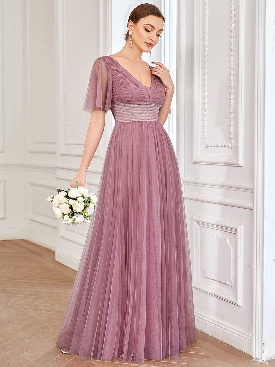 Weitese Pleated A-Line Short Sleeve Wide Waist Tulle Bridesmaid Dress