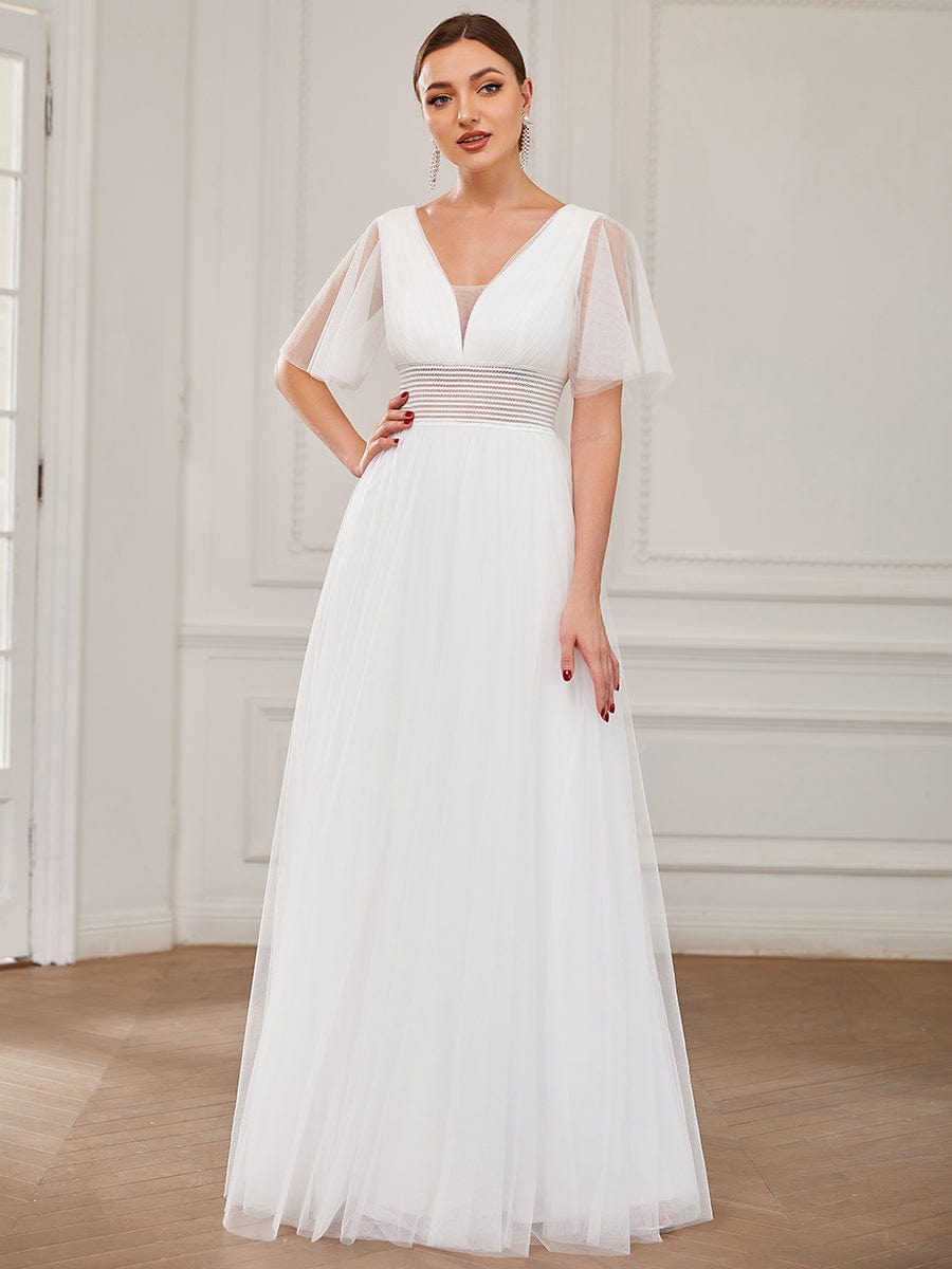 Weitese Pleated A-Line Short Sleeve Wide Waist Tulle Bridesmaid Dress