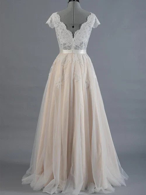 Aimishang Cap Sleeve V-Neck Lace Tulle Wedding Dress With Zipper Back