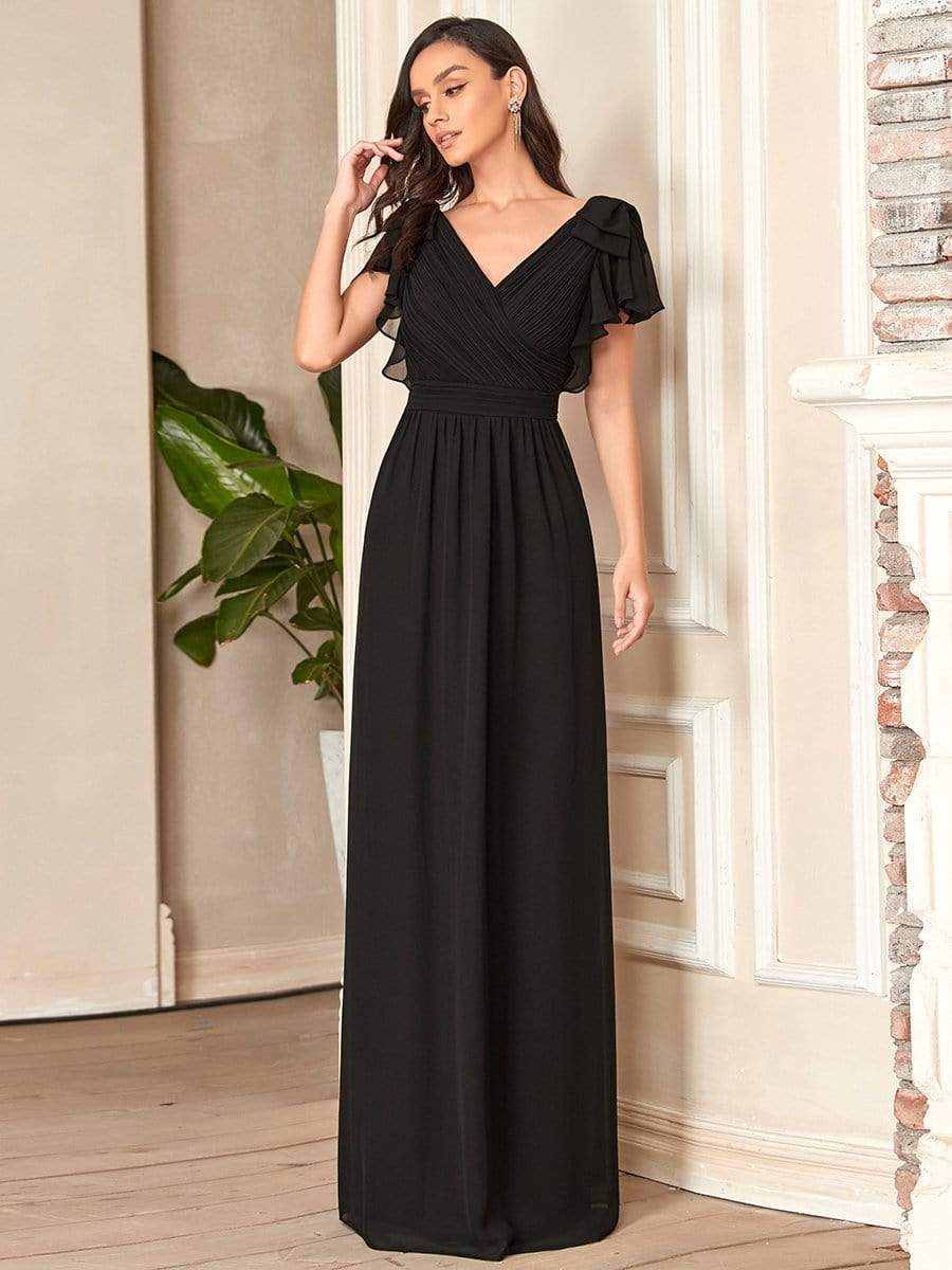 Weitese Elegant Pleated Bodice Ruffles Sleeves Chiffon Evening Dress