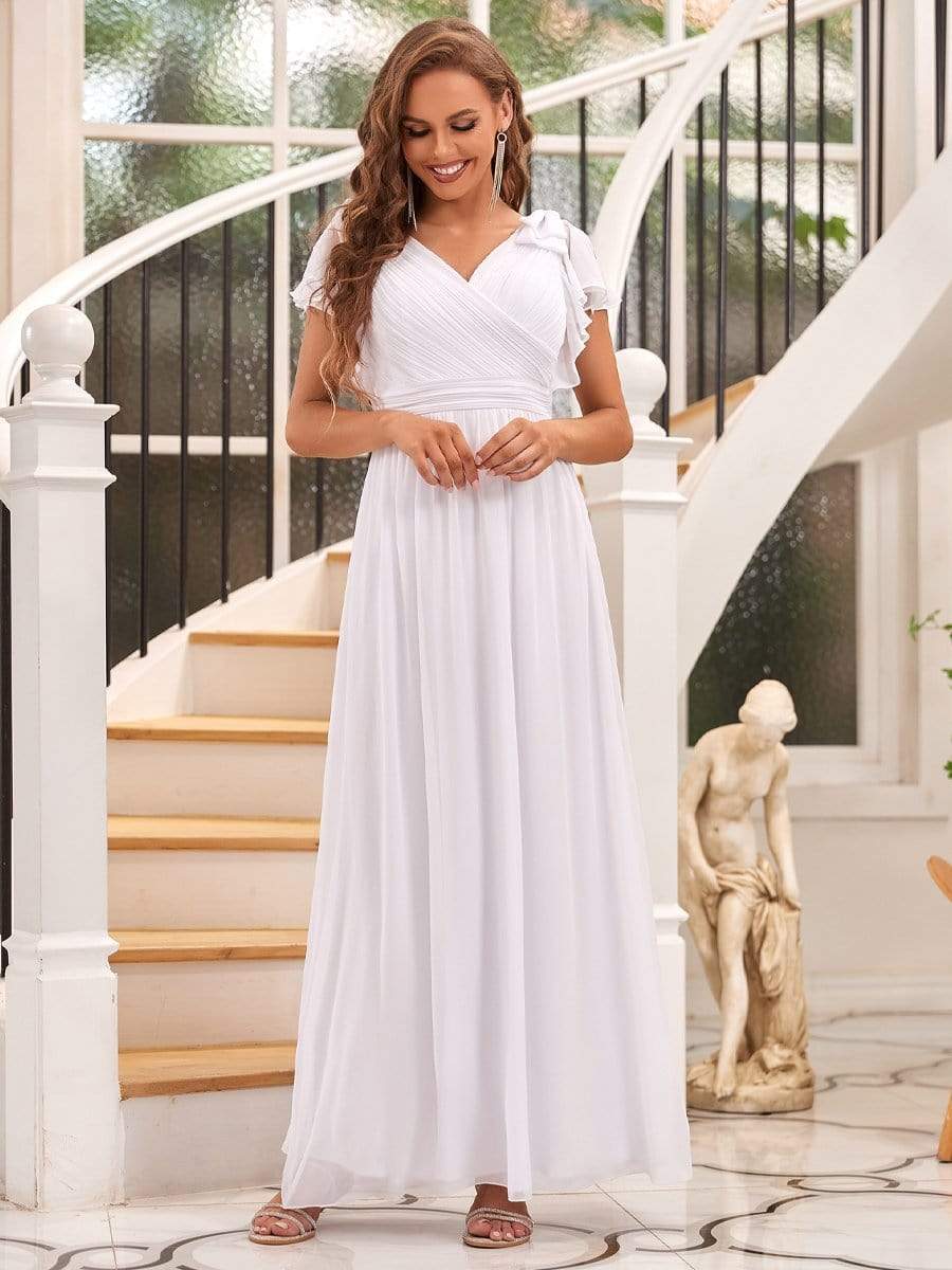 Weitese Elegant Pleated Bodice Ruffles Sleeves Chiffon Evening Dress