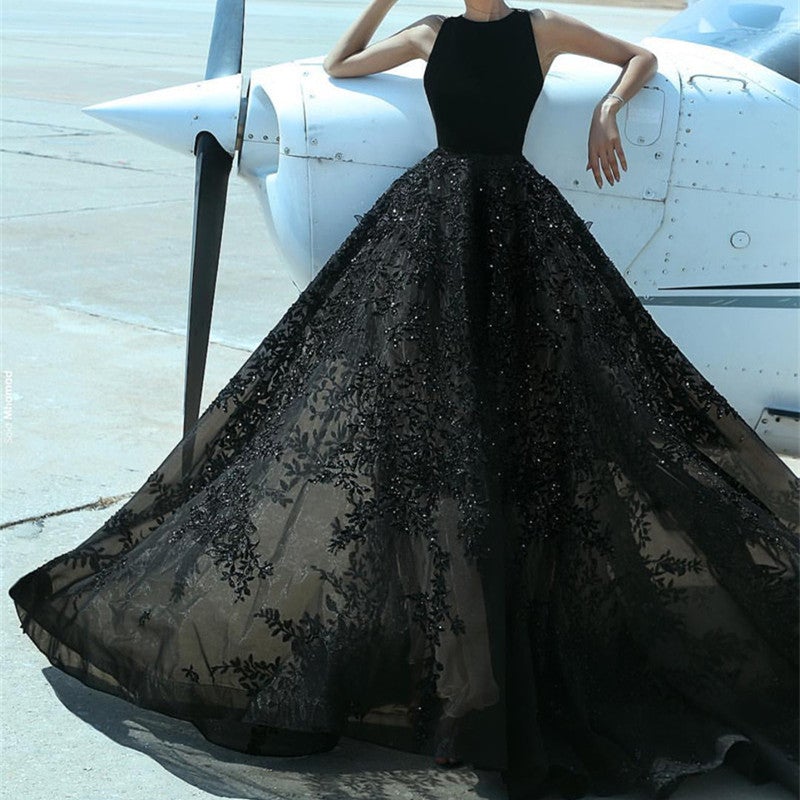 Elegant A Line Black Lace Floor Length Prom Dresses