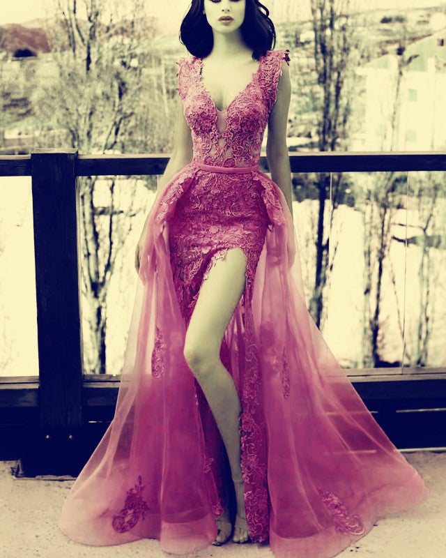 Elegant Cap Sleeves V-neck Lace Mermaid Evening Dresses With Split