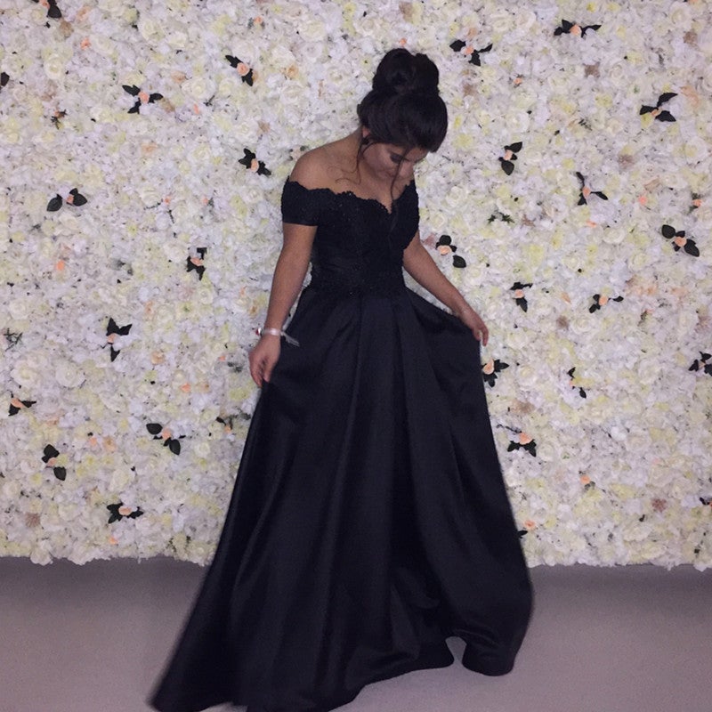 Elegant Lace Appliques V-neck Off-the-shoulder Floor Length Satin Evening Dresse