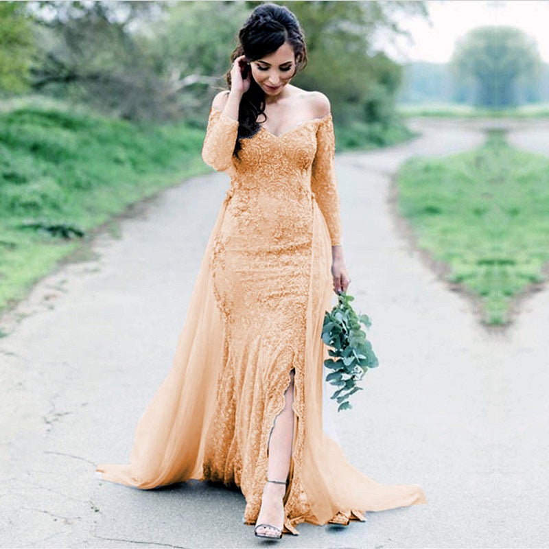 Elegant Lace Long Sleeves Wedding Dress Mermaid Bridal Gowns Off Shoulder