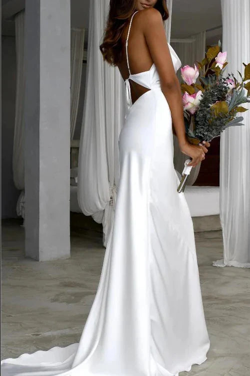Aimishang Elegant Mermaid Satin White Sweep Train Spaghetti Straps Wedding Dress