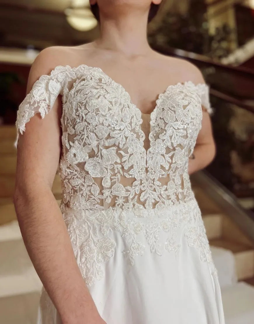 Aimishang A-Line Wedding Dress Off The Shoulder Chapel Train Lace And Satin