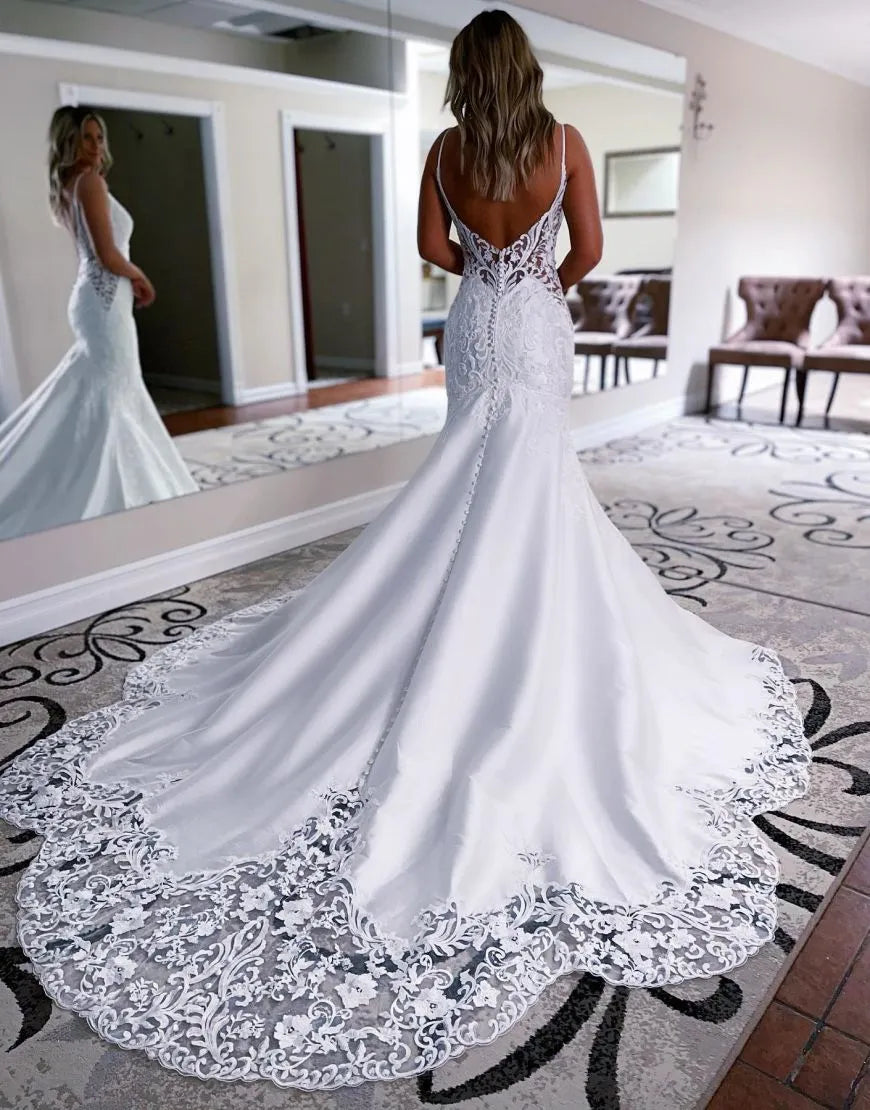 Aimishang Wedding Dress Mermaid Spaghetti Straps Satin With Appliques