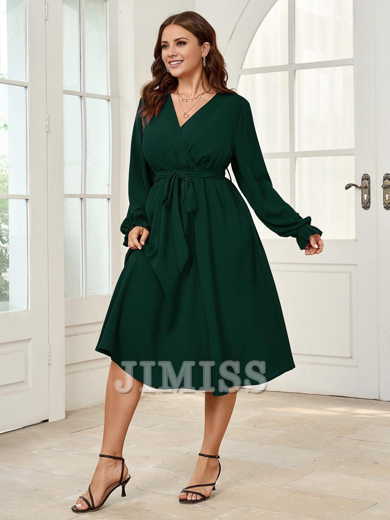 Plus size evening dress mid length dress winter long sleeved wrap V-neck belt A-line flowing party dress
