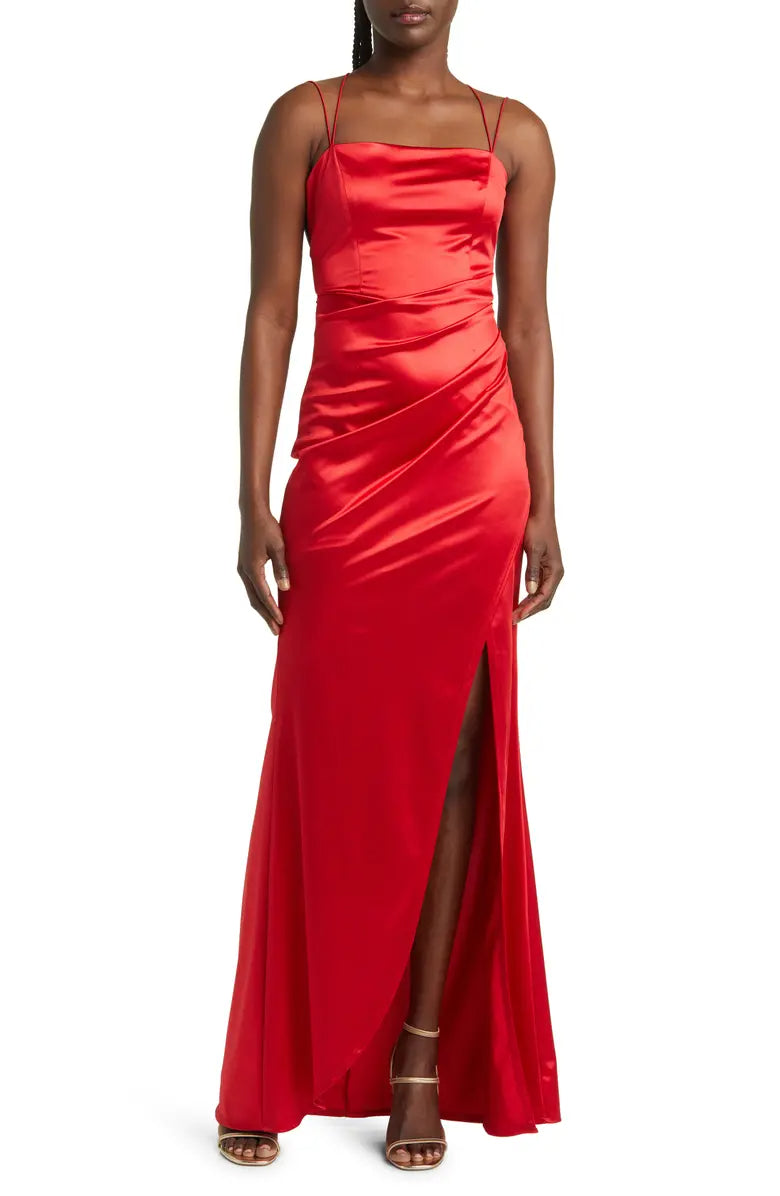 Noble thin shoulder strap off shoulder pleats backless satin and floor length front slit evening dress
