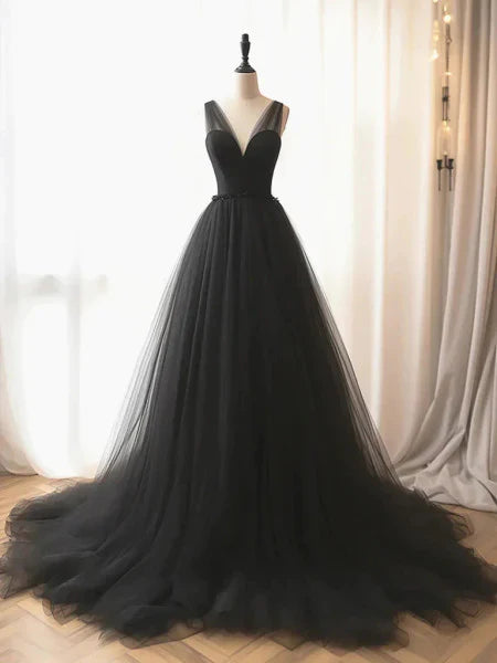 Wholesale Black V Neck A-Line Tulle Formal Party Dress Evening Gown Simple Prom Dress