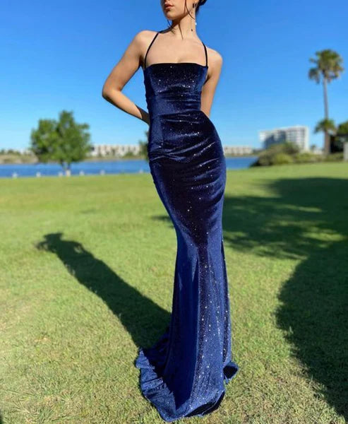 Wholesale Sparkly Navy Blue Velvet Prom Dress Mermaid Long Evening Dress