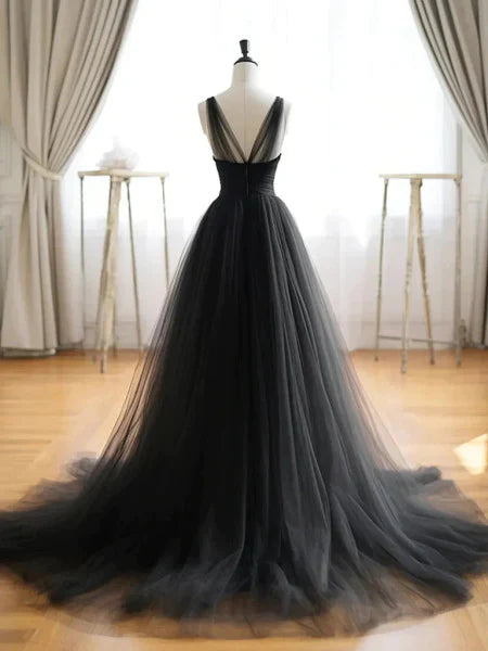 Wholesale Black V Neck A-Line Tulle Formal Party Dress Evening Gown Simple Prom Dress