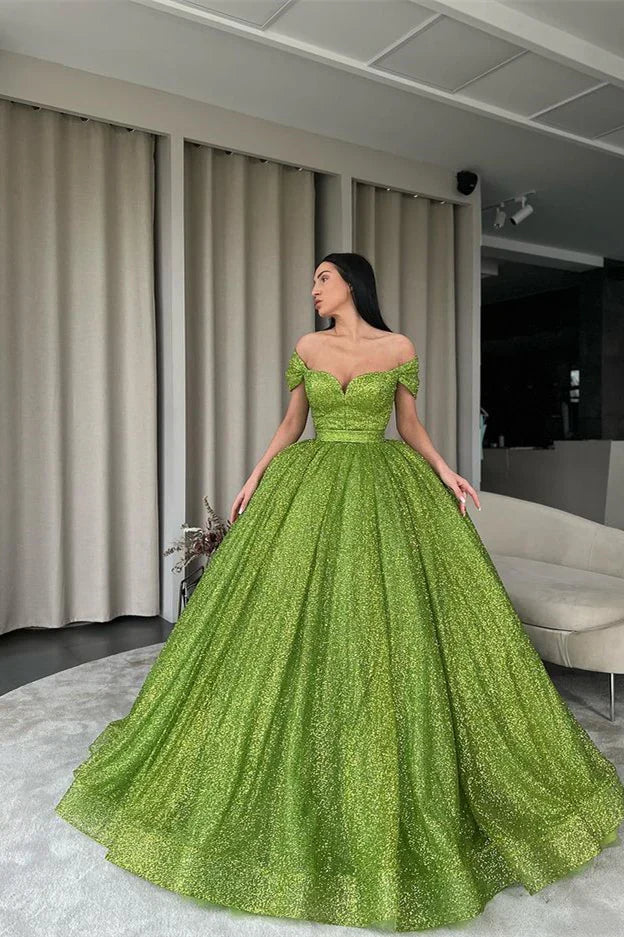 Green Off The Shoulder Ball Gown Evening Dress With Sequins Sparkly Prom Dress Sexy