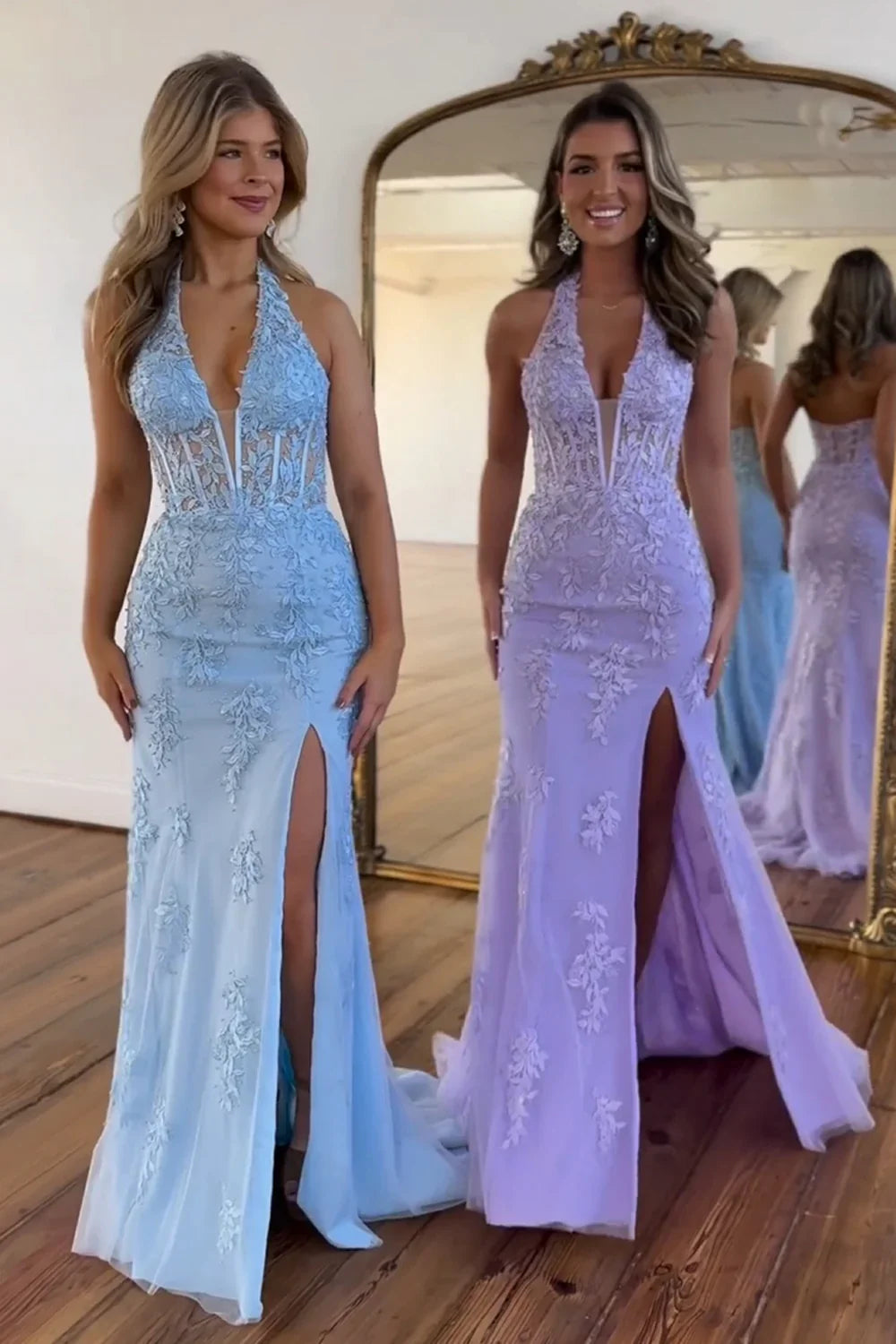 Wholesale Light Blue Prom Dress Mermaid Deep V-Neck Long Lace With Split Charming Lilac Evening Dress