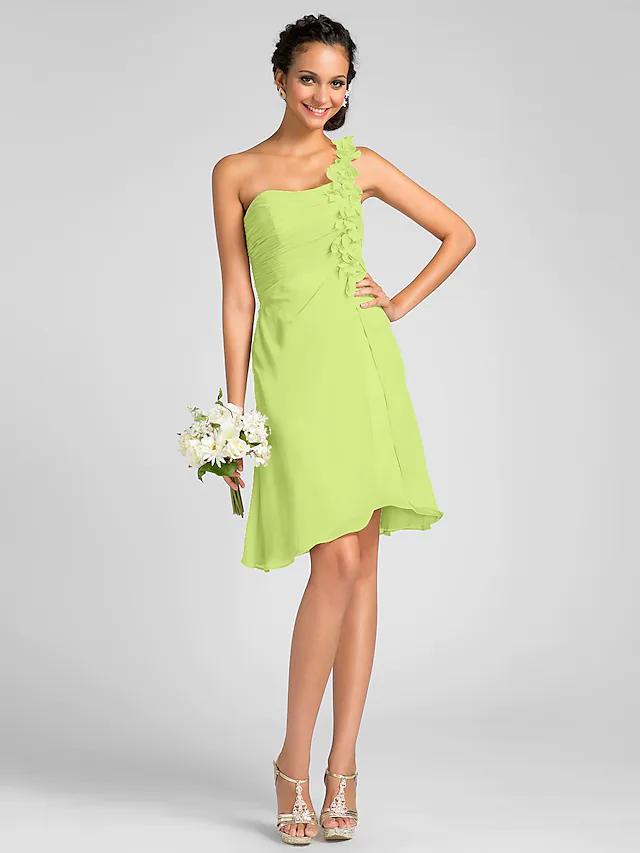 One Shoulder Knee Length Chiffon Bridesmaid Dress with Side Draping  Flower