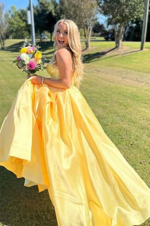 Wholesale Yellow A Line Sweetheart Corset Satin Prom Dress Off Shoulder Evening Party Dress