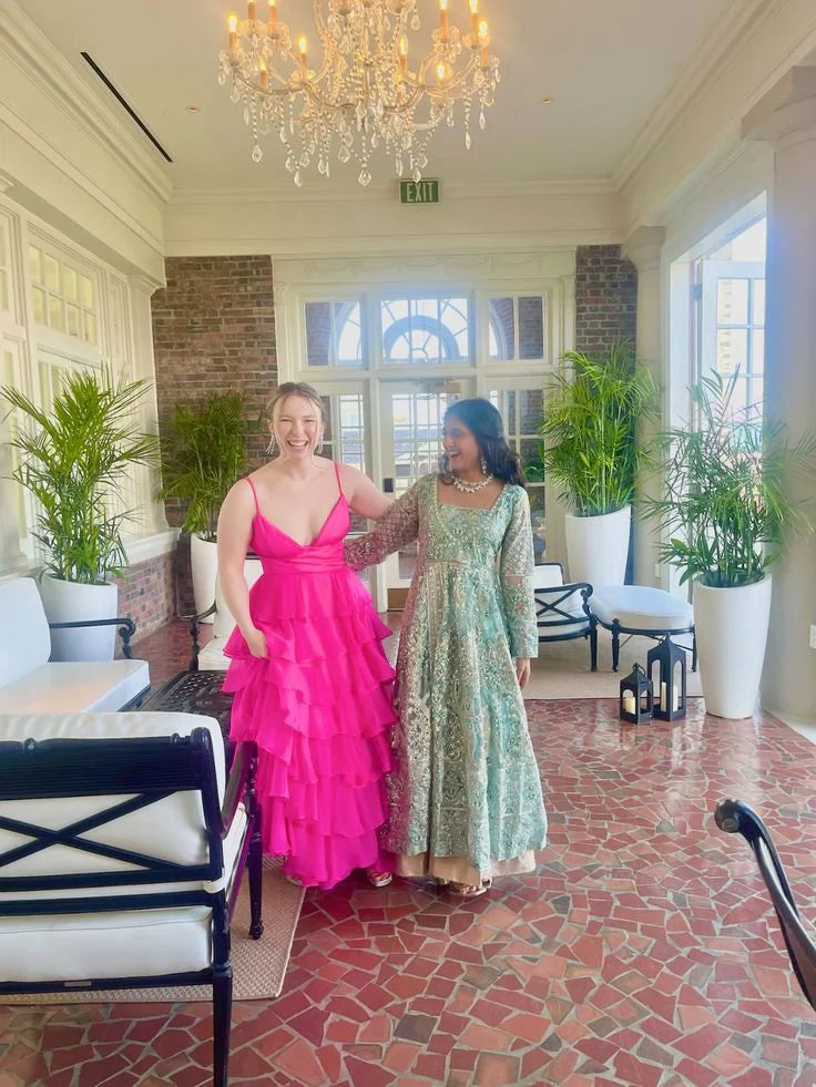 Wholesale Sexy Fuchsia Layered A Line Evening Dress Chiffon Long Prom Dress Charming Party Dress