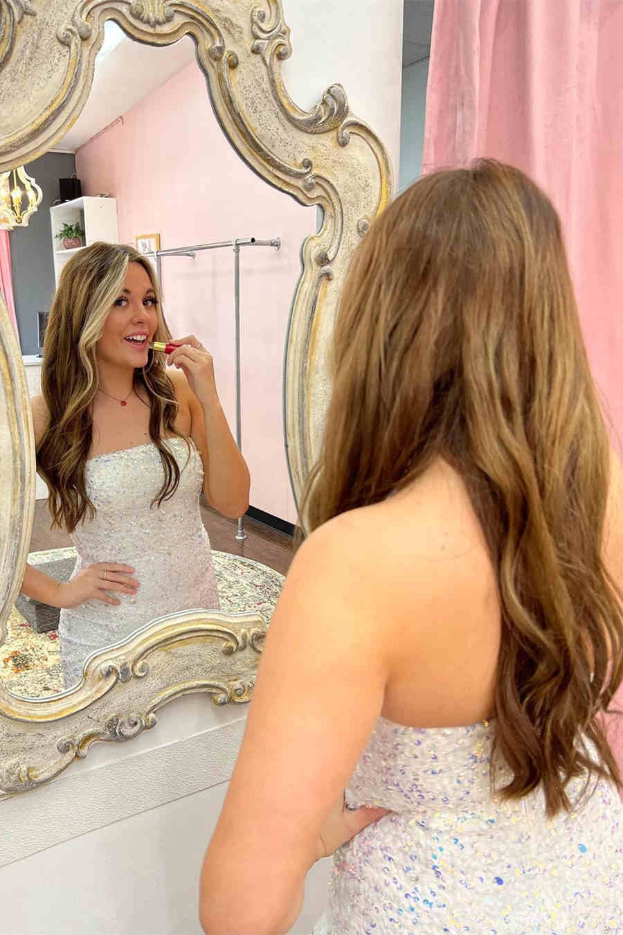 Strapless Pink Sequins Prom Dress with Slit