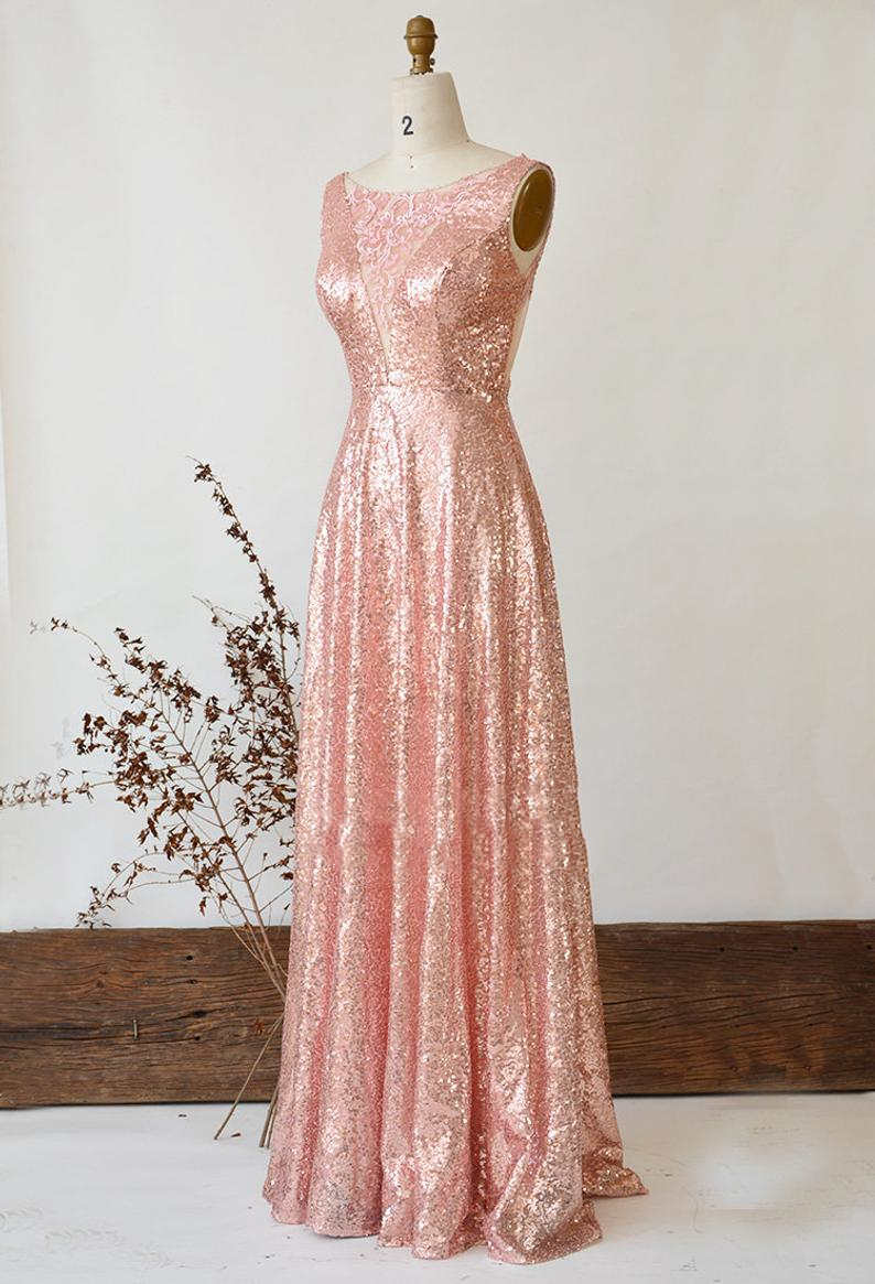 Illusion Lace V-Neck Gose Gold Sequined Bridesmaid Dress