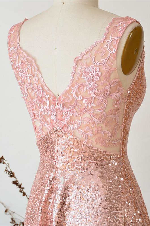 Illusion Lace V-Neck Gose Gold Sequined Bridesmaid Dress