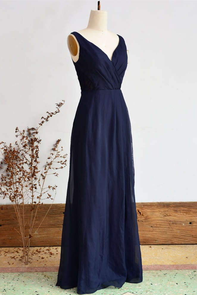 Elegant Navy Blue Chiffon Bridesmaid Dress with Slit