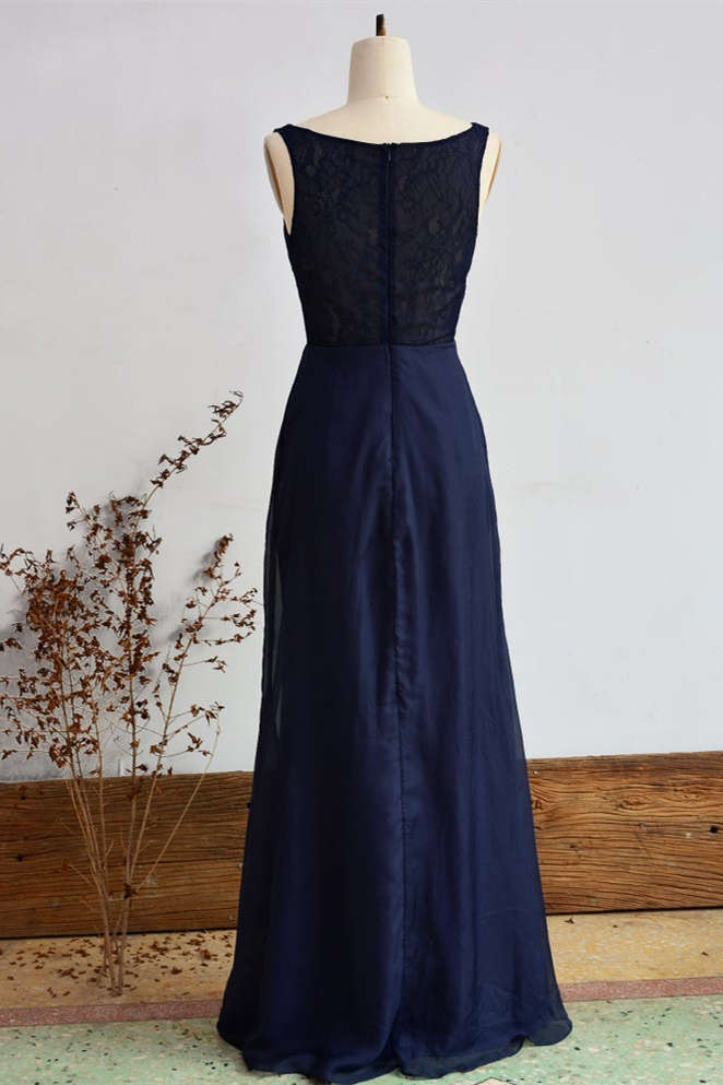 Elegant Navy Blue Chiffon Bridesmaid Dress with Slit