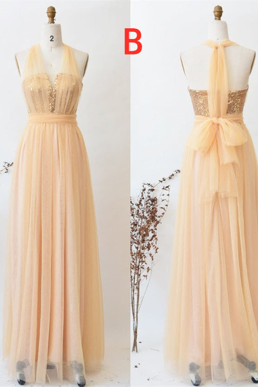 A-Line Champagne Tulle Mismatched Bridesmaid Dress
