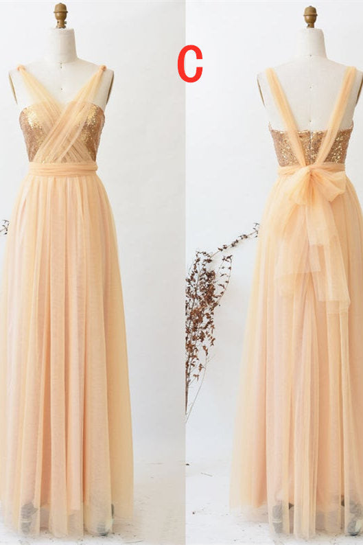 A-Line Champagne Tulle Mismatched Bridesmaid Dress