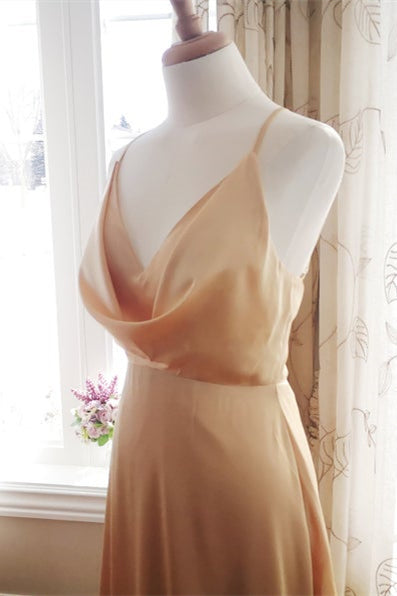 Cowl Neck Champagne Satin Bridesmaid Dress with Slit