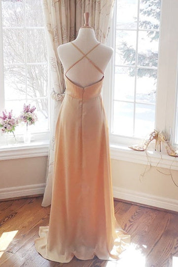 Cowl Neck Champagne Satin Bridesmaid Dress with Slit