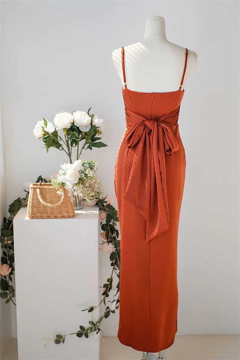 Pleated Pumpkin Sheath Bridesmaid Dress with Belt