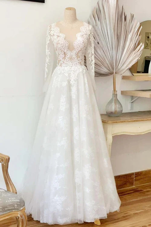 Aimishang Elegant A-Line Illusion Crew Neck White Lace Wedding Dress