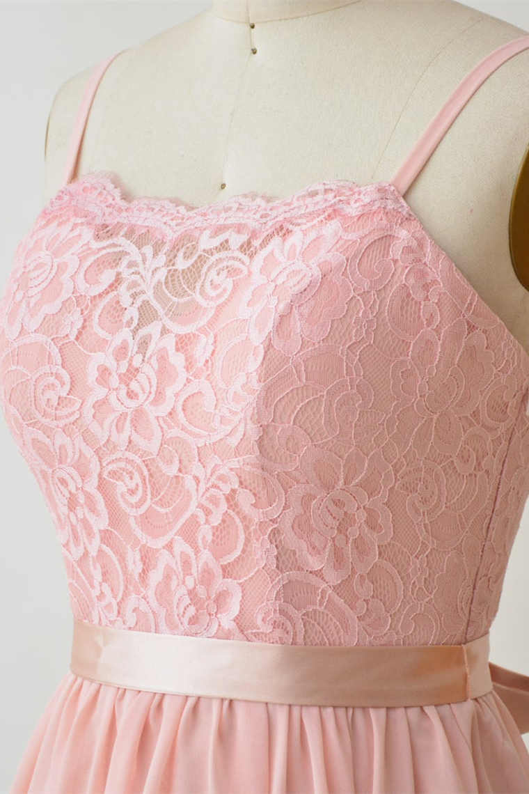Pearl Pink Straps Lace Top Bridesmaid Dress with Belt