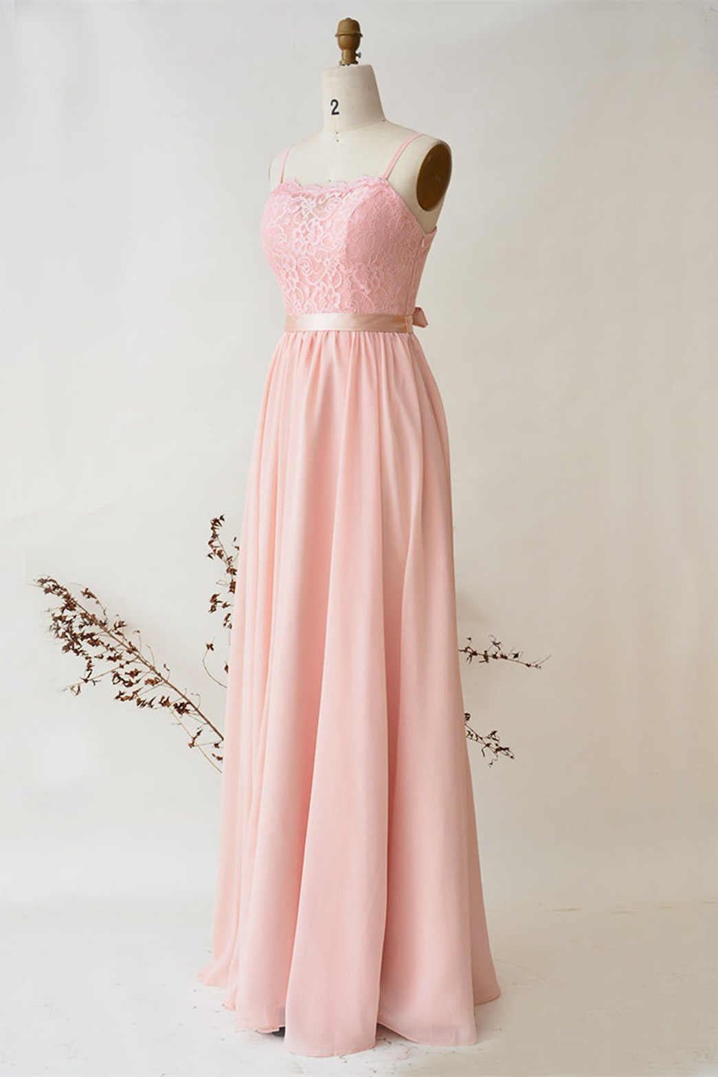 Pearl Pink Straps Lace Top Bridesmaid Dress with Belt