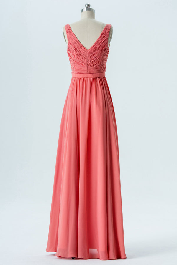 V-Neck Fulle Pleated Coral Bridesmaid Dress with Ruffles