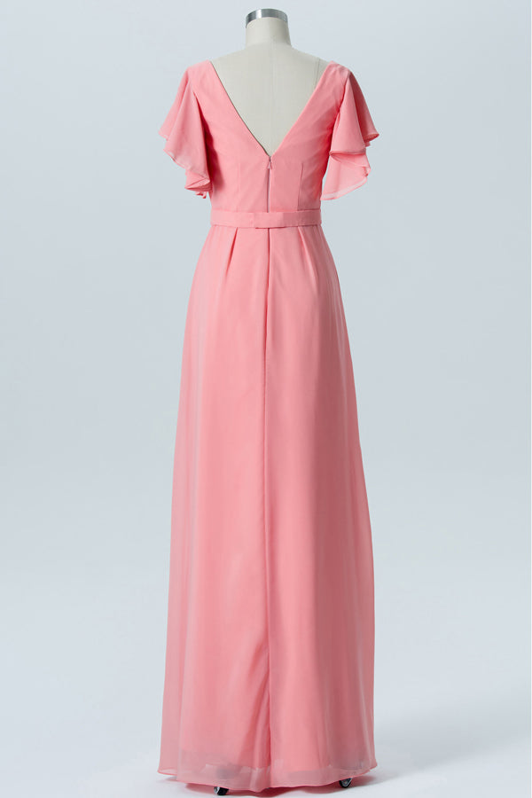 A-Line Coral Ruffled Sleeves Bridesmaid Dress