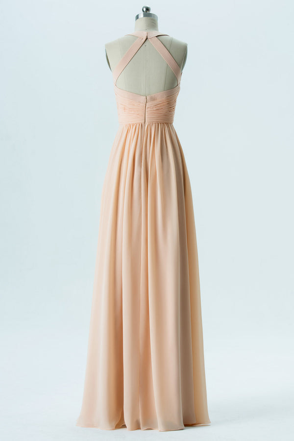 Halter Peach Bridesmaid Dress with Criss Cross Straps
