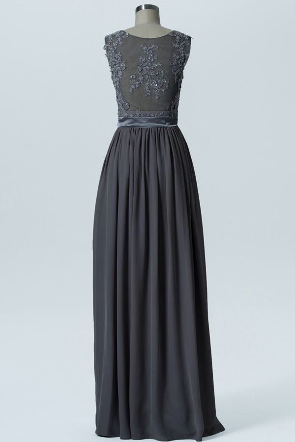 Grey Lace Appliqued Chiffon Bridesmaid Dress with Belt