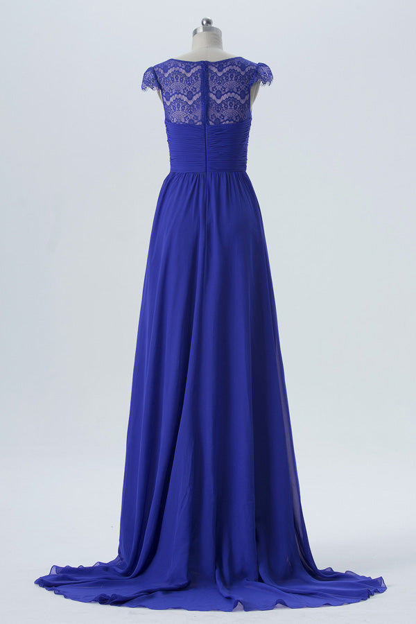 Illusion Crew Neck Royal Blue Bridesmaid Dress with Cap Sleeves