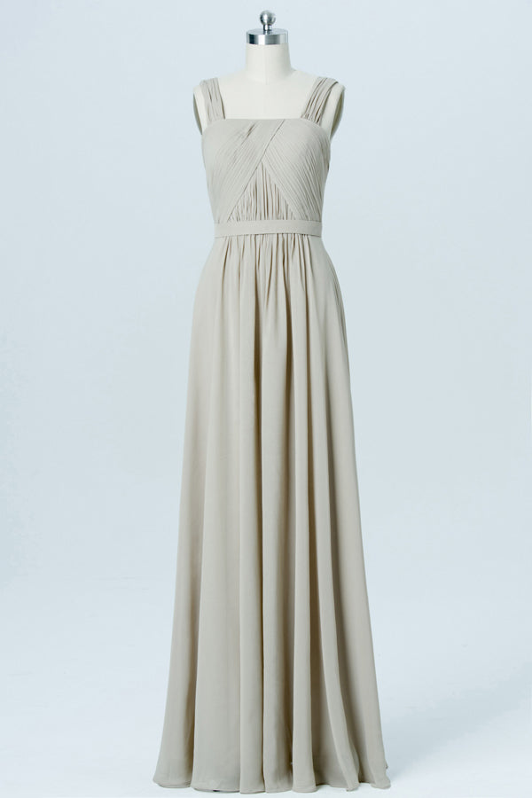 Straps Taupe Square Neck Ruched Bridesmaid Dress