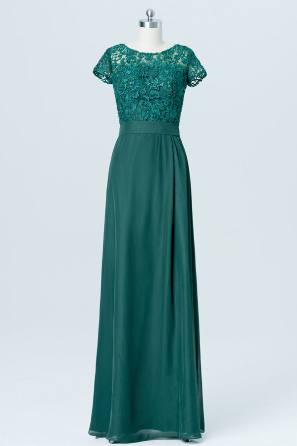 Lace Top Emerald Green Bridesmaid Dress with Short Sleeves